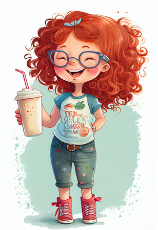 Cute cartoon curly redhead girl with glasses. Cartoon character. Drinking icecream cocktail.の素材