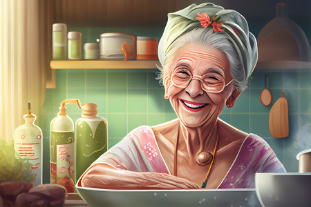 A happy elder woman making a spa treatment. Charming mature female making beauty treatment with natural cosmetic product.の素材
