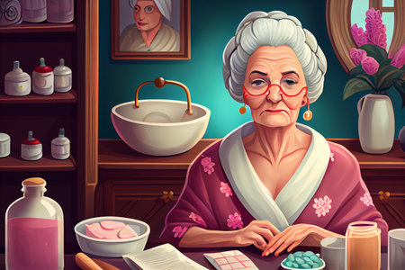 A happy elder woman making a spa treatment. Charming mature female making beauty treatment with natural cosmetic product.の素材