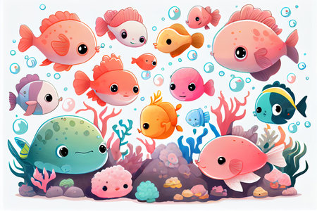 Cute adorable kawaii fish family swimming in the sea. Greeting cartoon doodle.の素材