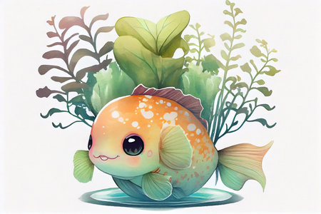 Cute adorable kawaii fish swimming in the sea. Greeting cartoon doodle.の素材