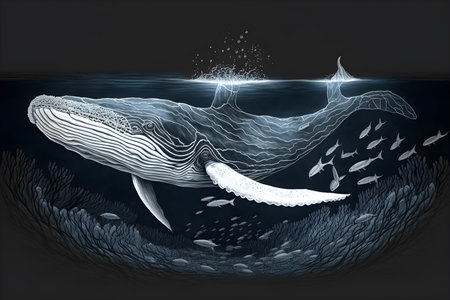Whale in water with fish. Hand drawn illustration. A ready illustration for a book. A fairy tale character.の素材