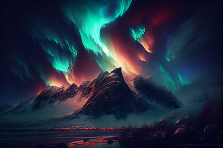 Colorful northern light aurora, borealis with red and green flames over the sky.の素材