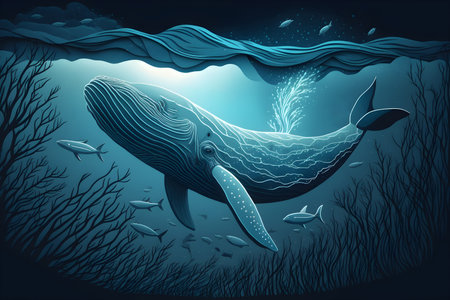 Whale in water with fish. Hand drawn illustration. A ready illustration for a book. A fairy tale character.の素材