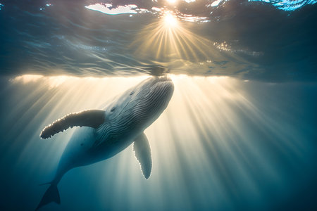 Whale in water and sun. A ready illustration for a book. A fairy tale character.の素材