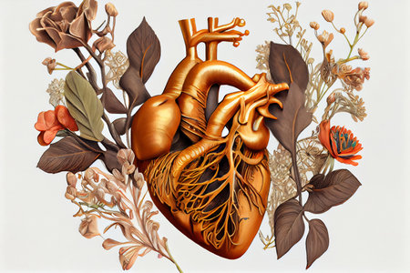Blooming anatomical human golden heart, illustration.の素材