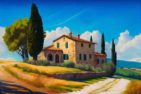 Typical Tuscan old farmhouse with a beautiful landscape in the background. View on the facade. Illustration.の素材