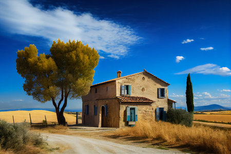 Typical Tuscan old farmhouse with a beautiful landscape in the background. View on the facade. Illustration.の素材