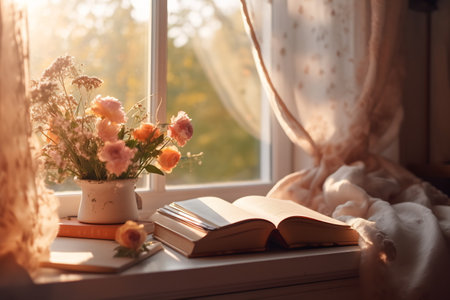 Spring still life scene. Old books, flowers in a vase. Vintage feminine styled photo. Floral composition with field flowers on a table near window.の素材