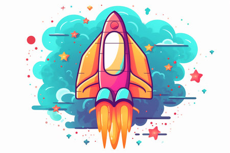 Cartoon-style minimal spaceship rocket icon. Toy rocket upswing, spewing smoke and flame.の素材