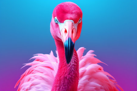 Portrait of a flamingo on a neon blue pink background. Emotive portrait. Looking at the camera.の素材