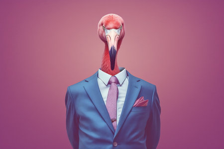 Flamingo in a blue jacket and tie.の素材