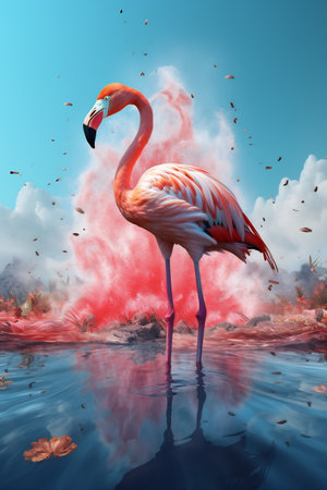 Portrait of a flamingo on a colorful background. Emotive portrait.の素材