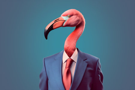 Flamingo in a blue jacket and tie.の素材