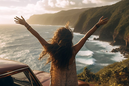 Woman looking at the ocean and waving in the air near the beach.の素材