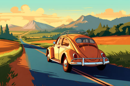 Orange car on a scenic road. Car on the road surrounded by a magnificent natural landscape. 2d Illustration.の素材