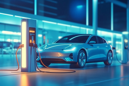 EV charging station for electric car in the concept of green energy and eco power produced from sustainable source to supply to charger station.の素材