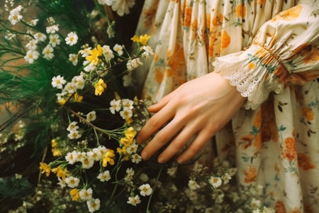 Close up a woman's hands holding a camomile flowers bouquet. Cottagecore aesthetics.の素材