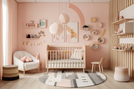 Modern baby room in pastel pink colors, wooden detail and baby interior.の素材