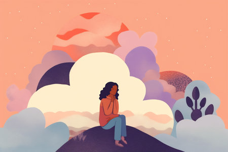 Illustration of a lonely lost person, surreal art, alone loneliness and solitude concept artwork, conceptual painting work.の素材