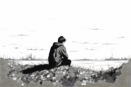 Illustration of a lonely lost person, surreal art, alone loneliness and solitude concept artwork, conceptual painting work.の素材