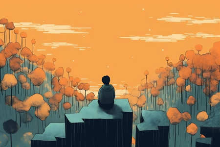 Illustration of a lonely lost person, surreal art, alone loneliness and solitude concept artwork, conceptual painting work.の素材