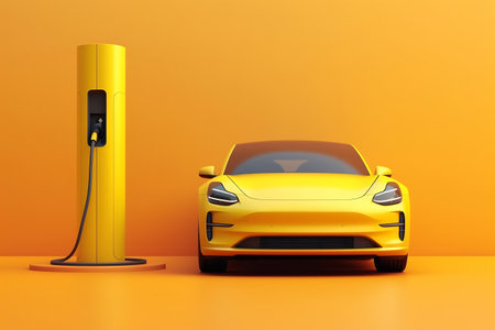 An electric vehicle or EV car at a charging station with the power cable supply plugged. Eco-friendly sustainable energy concept.の素材