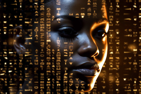Black woman face with digital matrix numbers. Artificial intelligence. AI theme with a female human face.の素材