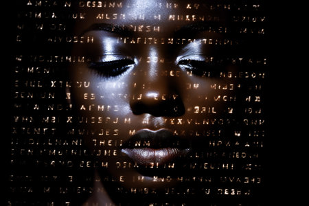 Black woman face with digital matrix numbers. Artificial intelligence. AI theme with a female human face.の素材