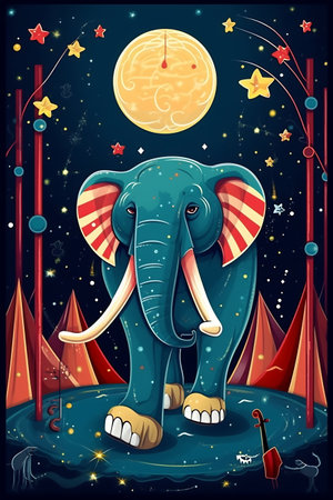 Cartoon circus performance with elephant playing on contrabass in the circus arena. Children book illustration.の素材