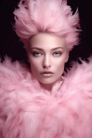 Close up fashion studio photo of an elegant woman in pink feathers.の素材