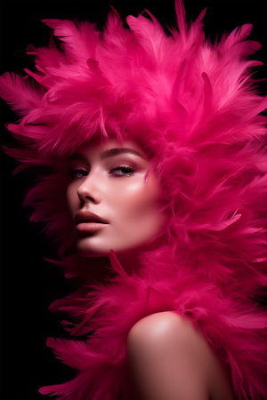 Close up fashion studio photo of an elegant woman in pink feathers.の素材