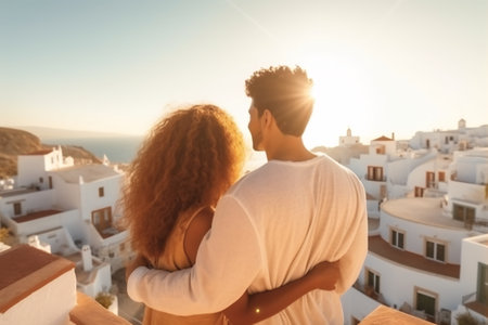 Beautiful young woman and man on their summer vacation walk on greek island Santorini.の素材