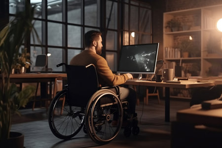 A disabled peson is sitting in a wheelchair. Nearby are his colleagues.の素材