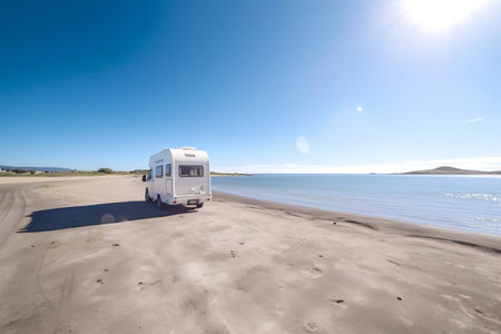 Camper van motor home on the seacape. Car traveling illustration. Freedom vacation travel. Caravan design concept.の素材