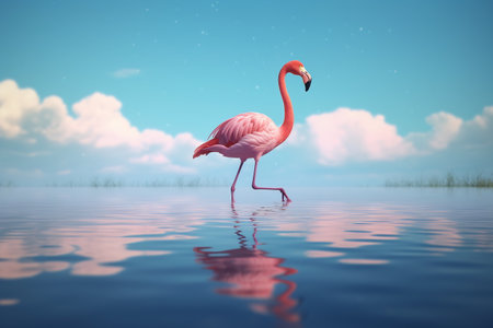 One flamingo standing peacefully alone in the water by cloudy sunset.の素材
