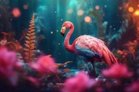 Portrait of a flamingo on a colorful background. Emotive portrait.の素材