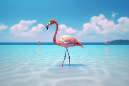 One flamingo standing peacefully alone in the water by cloudy sunset.の素材