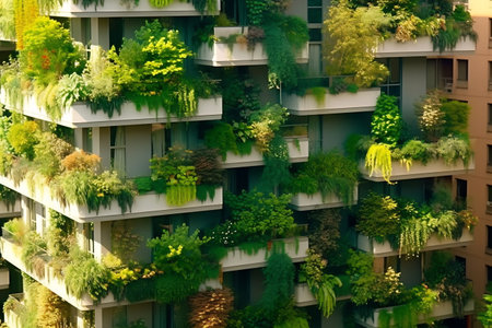 Green vertical green. Facade garden in full bloom for climate adaptation.の素材
