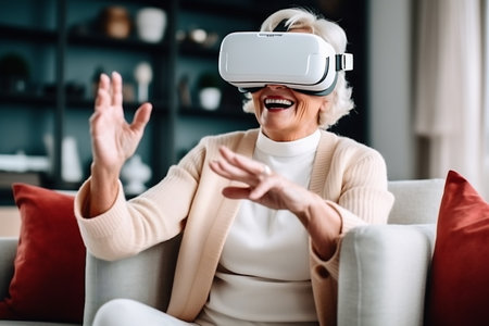 Senior mature female having fun with virtual reality glasses. Old woman using new headset goggles trends technology.の素材