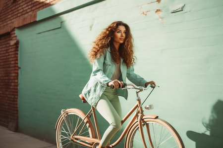Full-length body size side profile photo of a cheerful girl riding bicycle on vibrant color background.の素材