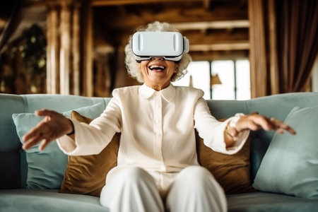 Senior mature female having fun with virtual reality glasses. Old woman using new headset goggles trends technology.の素材