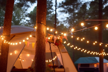 Blurred photo of camping tents with lighting decoration at night.の素材