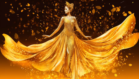 Gold fashion model dress. Woman in golden silk gown flowing fabric.の素材