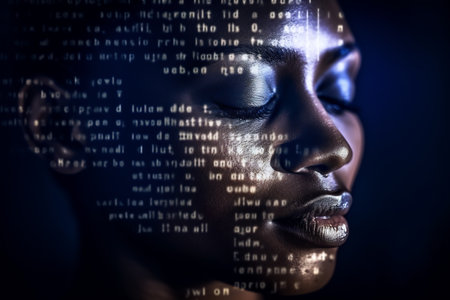 Black woman face with digital matrix numbers. Artificial intelligence. AI theme with a female human face.の素材
