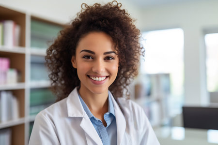 Young mulatto woman wearing doctor uniform and stethoscope with a happy smile. Lucky person.の素材
