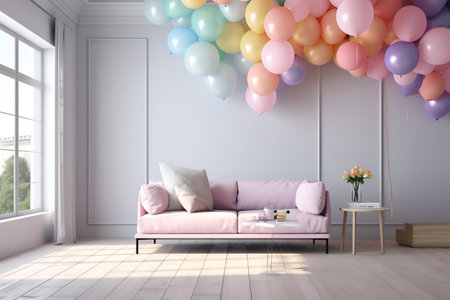 Set of multicolored metallic glossy balloons with strings in modern interior. Room decoration. For birthdays, parties, weddings or promotion banners or posters. Vivid and realistic illustration.の素材