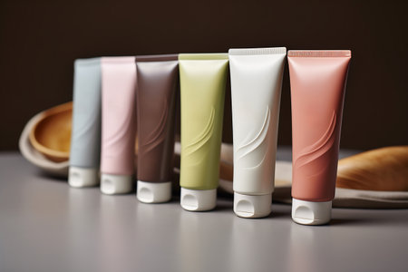 Body skincare set with minimal background and shadow. Different cosmetics products have subtle color variations. Yellow and brown, dark white and light magenta. Cosmetic product presentation.の素材