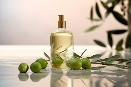 Glass bottle mock-up. Body treatment and spa. Natural beauty products. Blank bottle. Olive and olive branch.の素材