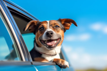 Dog enjoying traveling by car. Jack Russell Terrier looking through the window on the road.の素材